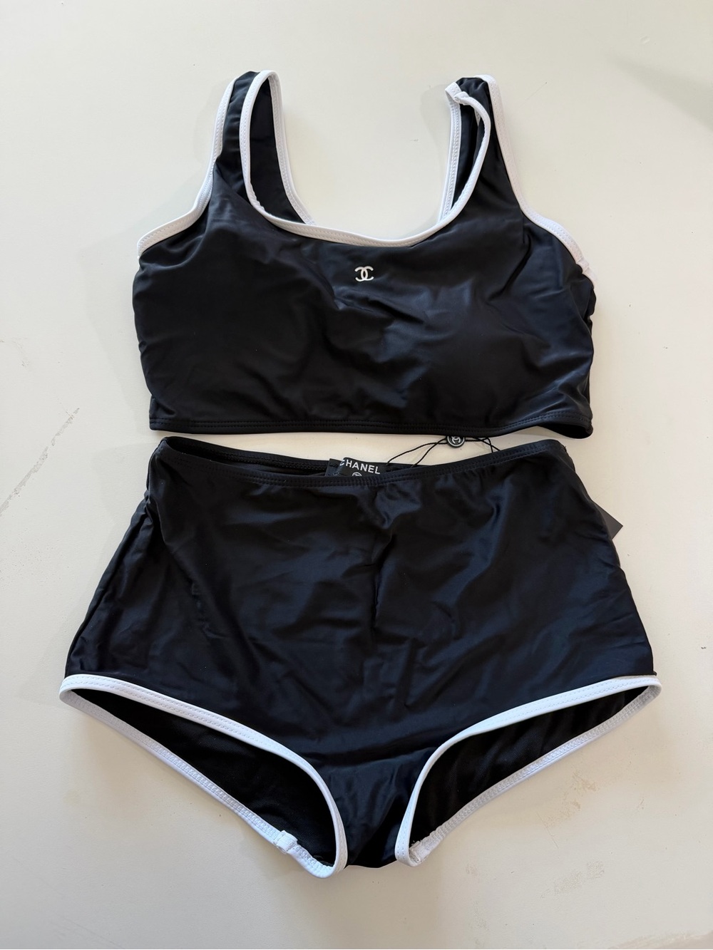 CHANEL Black Bikini Set with White Trim